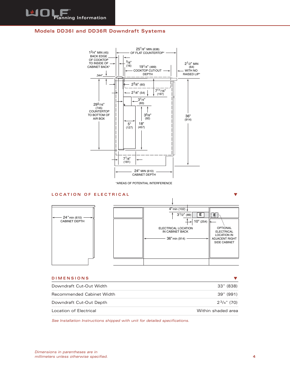 Models dd36 i and dd36 r downdraft systems, Planning information | Wolf DD36I User Manual | Page 4 / 9