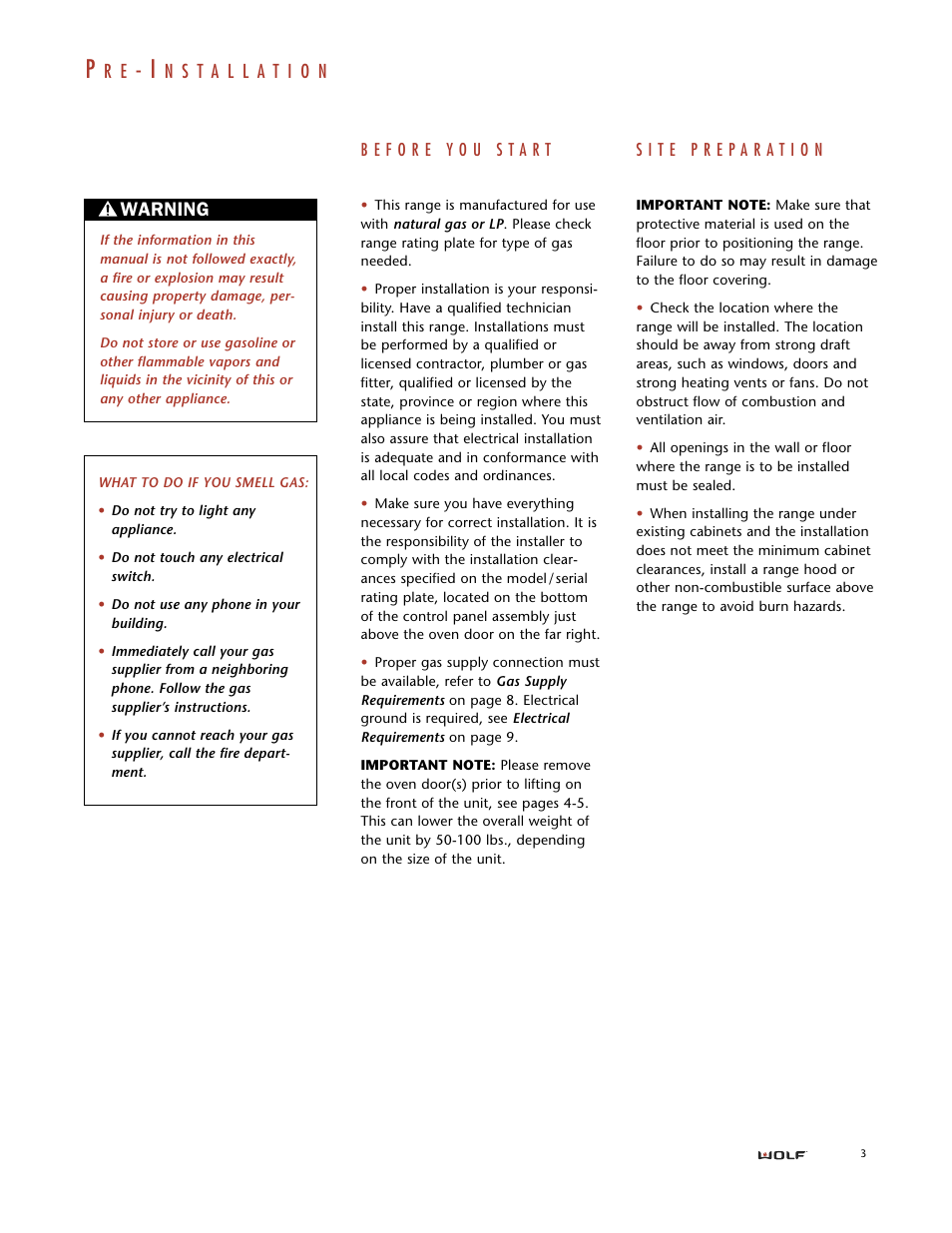 Warning | Wolf DUAL FUEL RANGES User Manual | Page 3 / 16