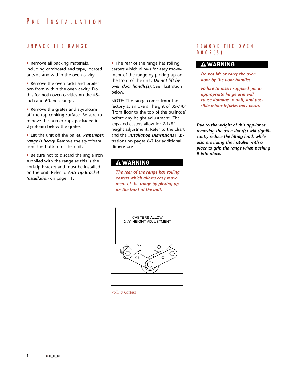 Warning | Wolf DUAL FUEL RANGES User Manual | Page 4 / 16