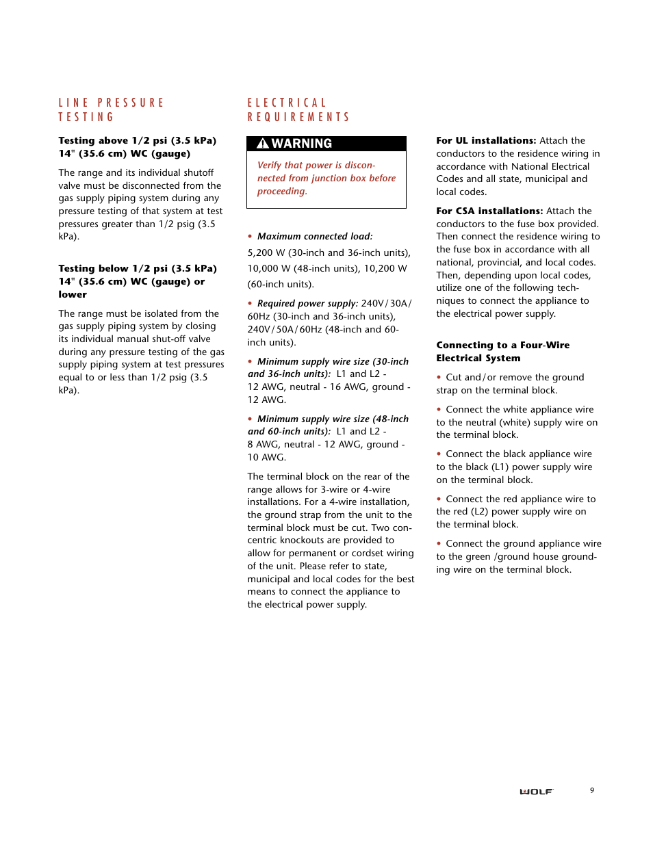 Warning | Wolf DUAL FUEL RANGES User Manual | Page 9 / 16