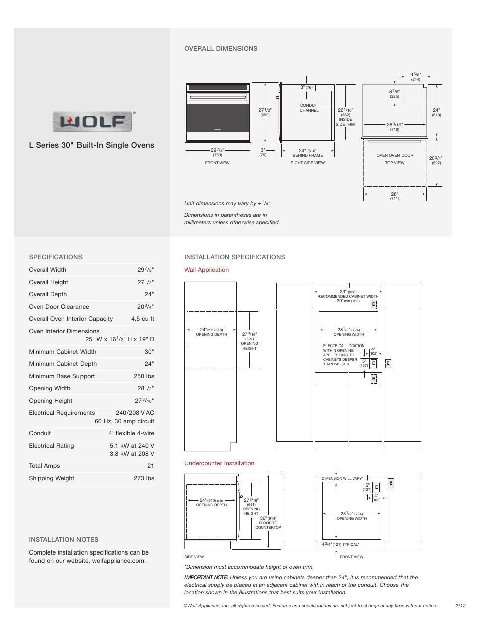 L series 30" built-in single ovens | Wolf SO30U/S User Manual | Page 2 / 2