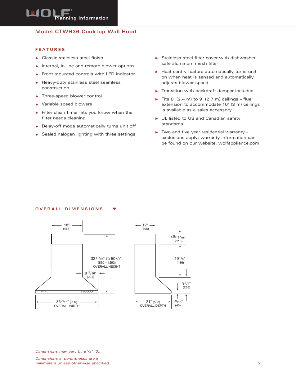 Model ctwh36 cooktop wall hood | Wolf CTWH36 User Manual | Page 2 / 9