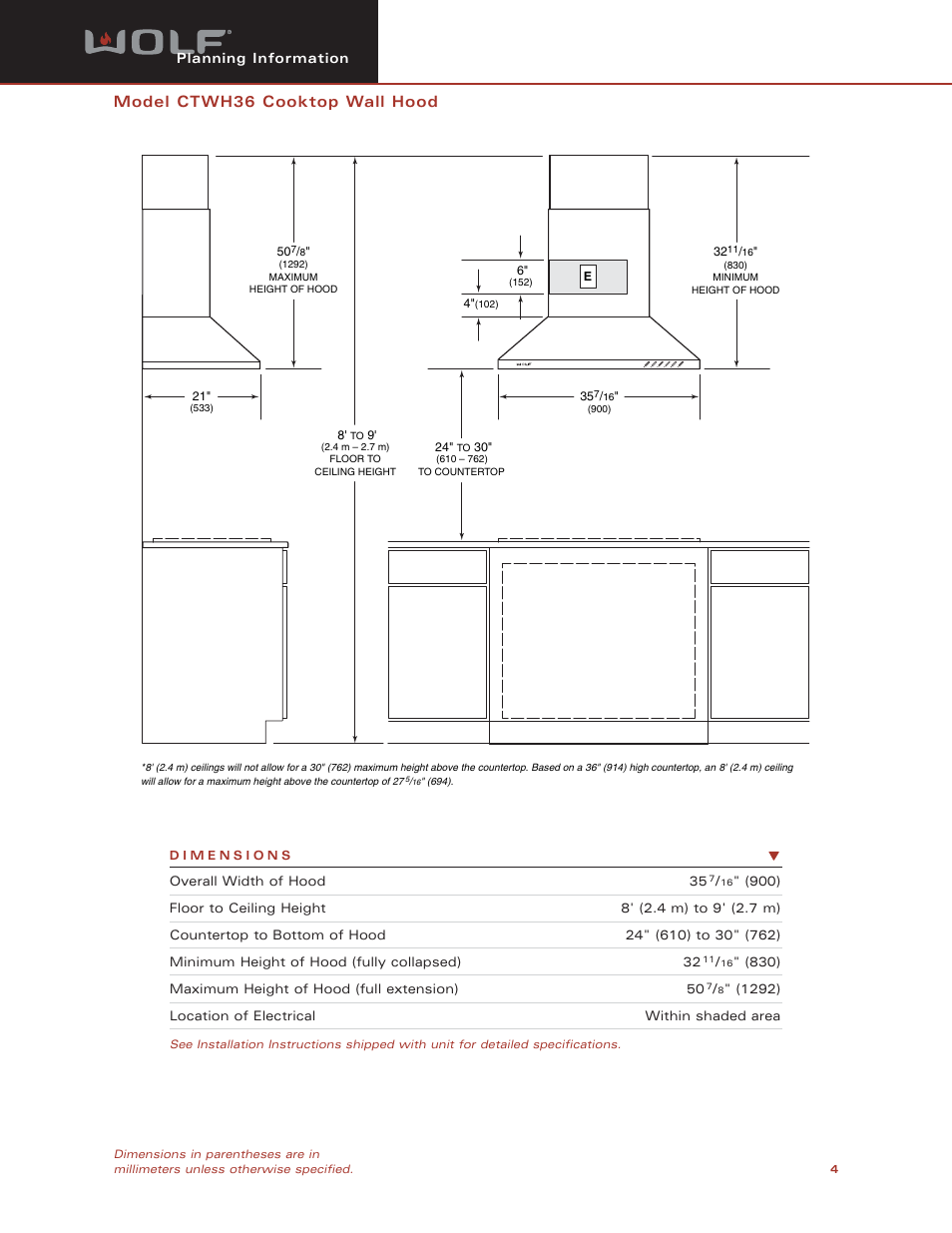 Model ctwh36 cooktop wall hood | Wolf CTWH36 User Manual | Page 4 / 9