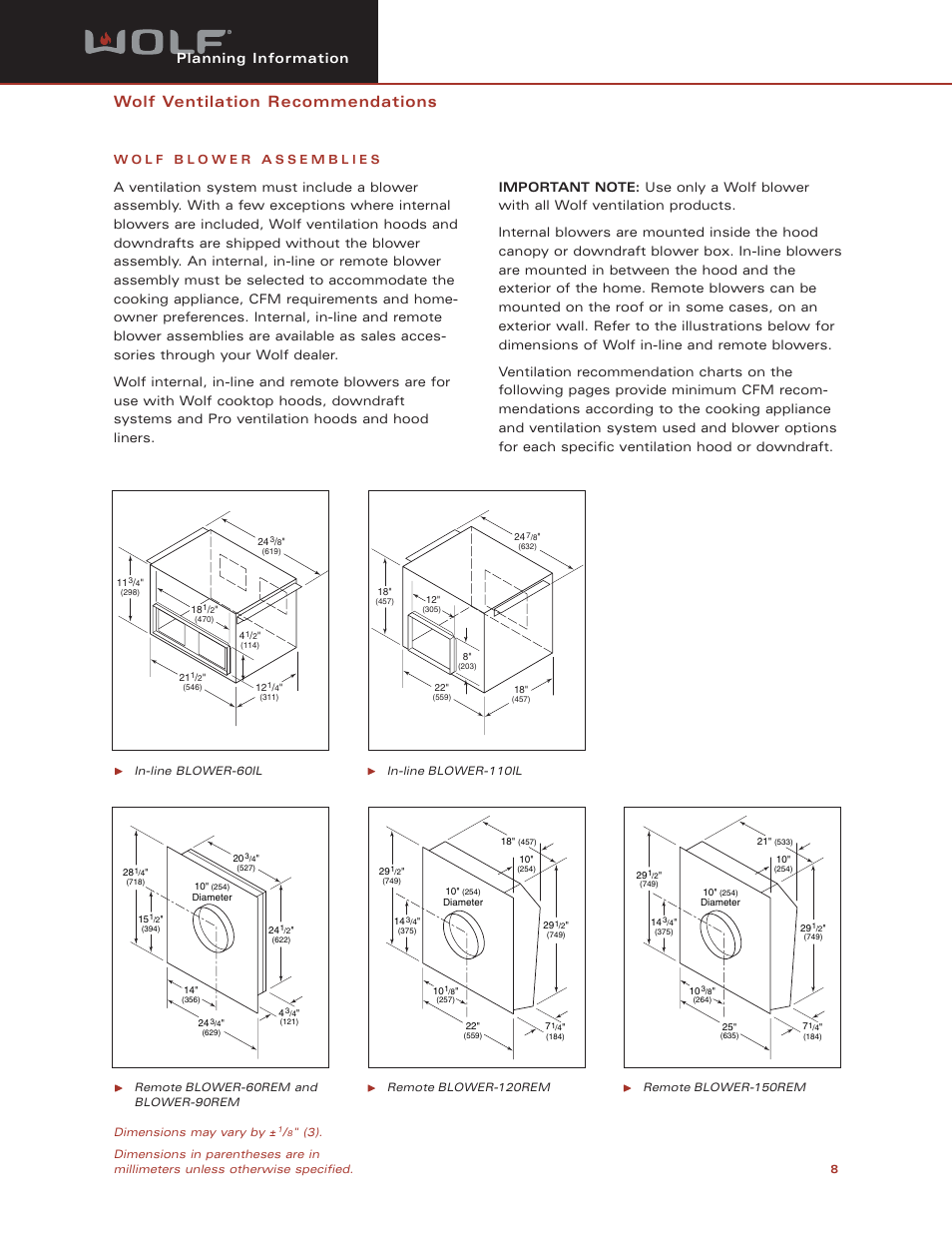 Wolf ventilation recommendations, Planning information | Wolf CTWH36 User Manual | Page 8 / 9