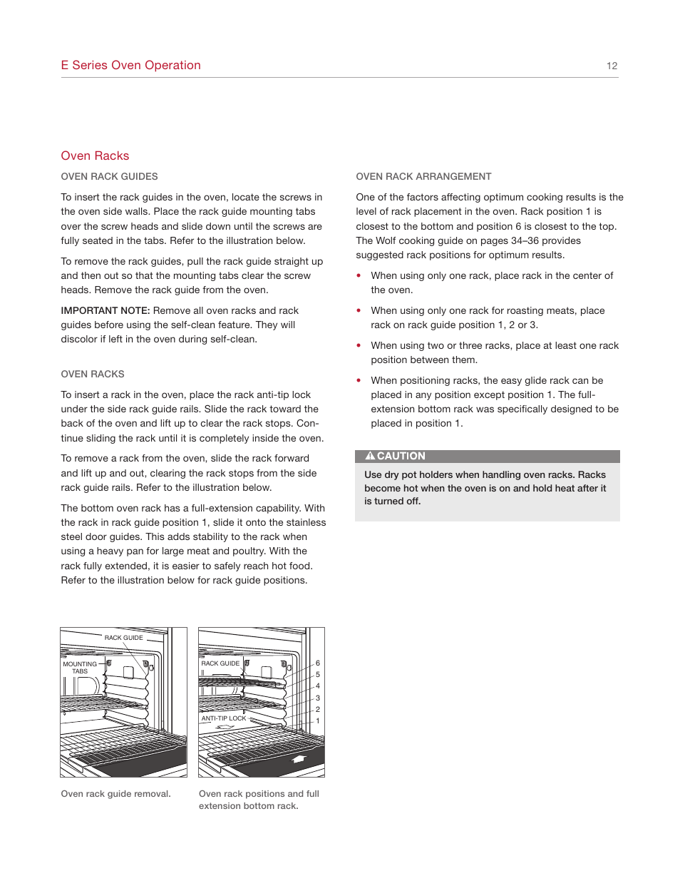 E series oven operation, Oven racks | Wolf E SERIES SO30-2U/S User Manual | Page 12 / 40
