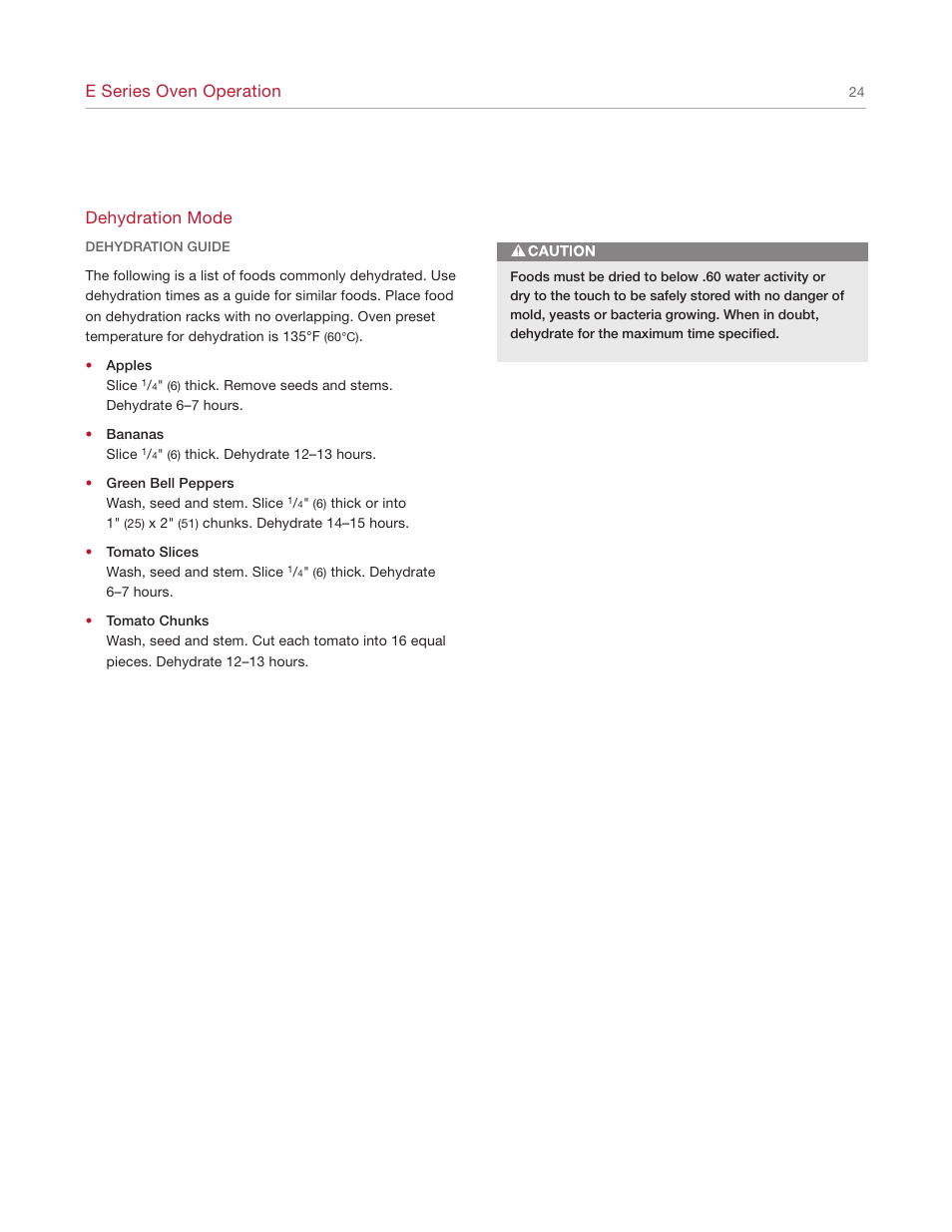 E series oven operation, Dehydration mode | Wolf E SERIES SO30-2U/S User Manual | Page 24 / 40