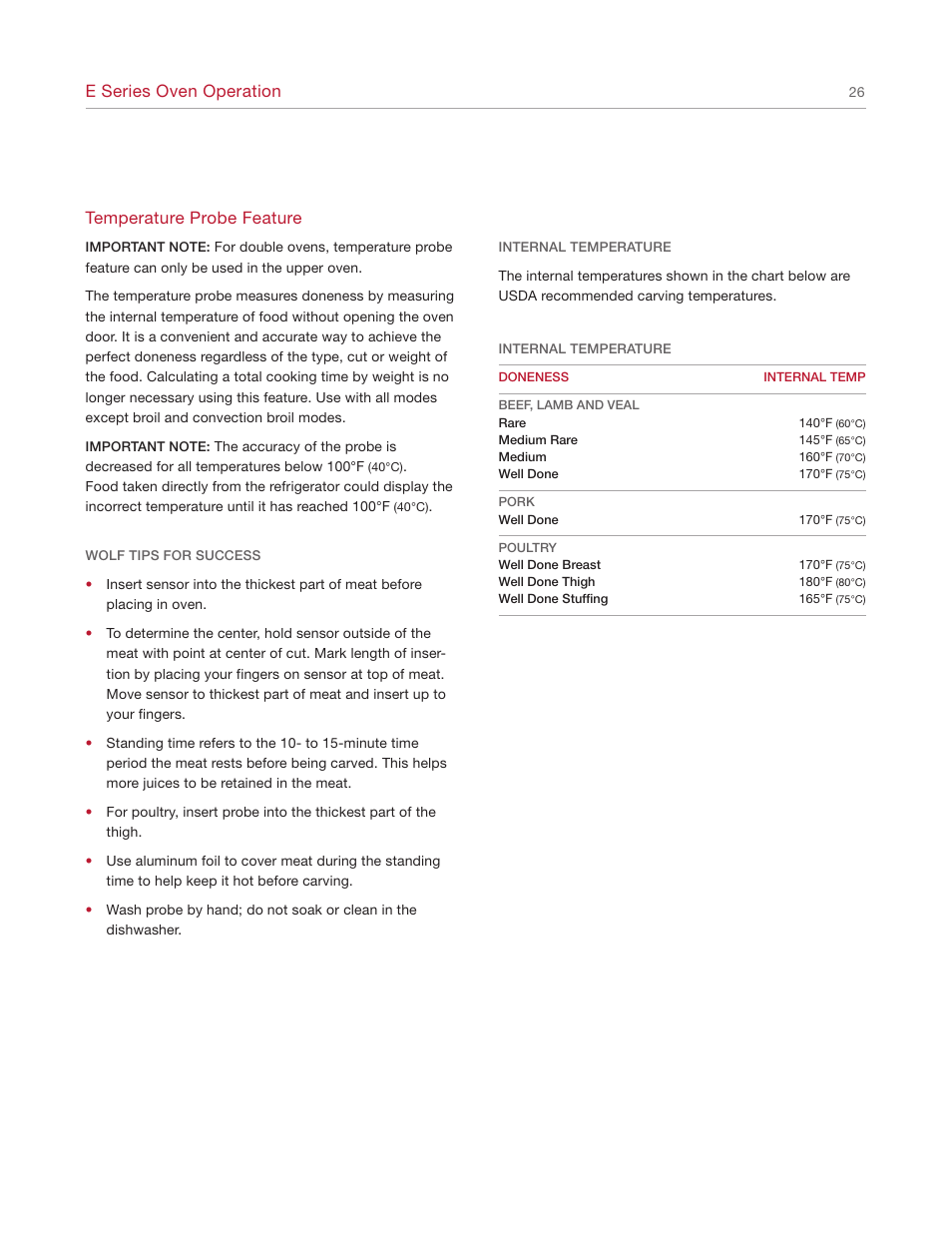 E series oven operation, Temperature probe feature | Wolf E SERIES SO30-2U/S User Manual | Page 26 / 40