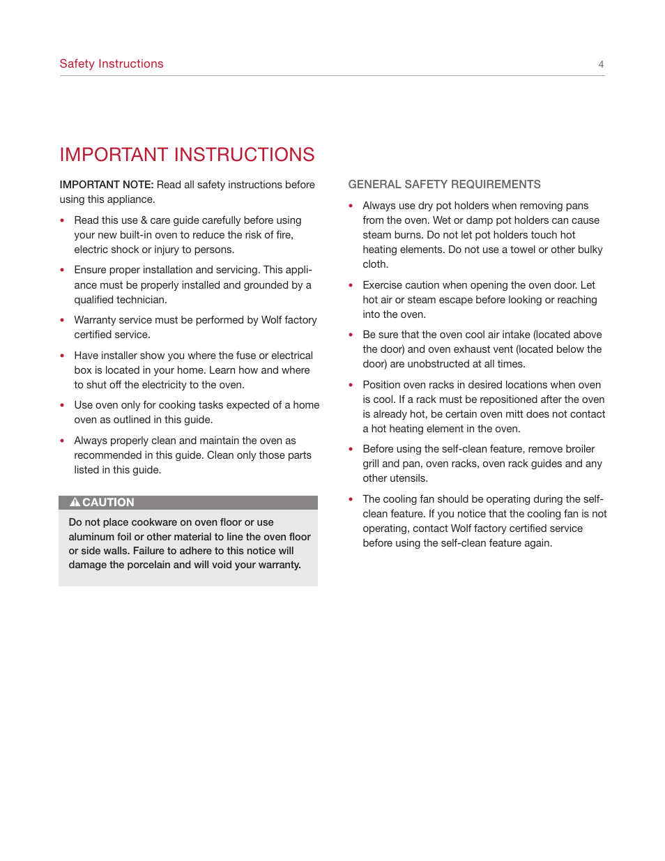 Important instructions | Wolf E SERIES SO30-2U/S User Manual | Page 4 / 40