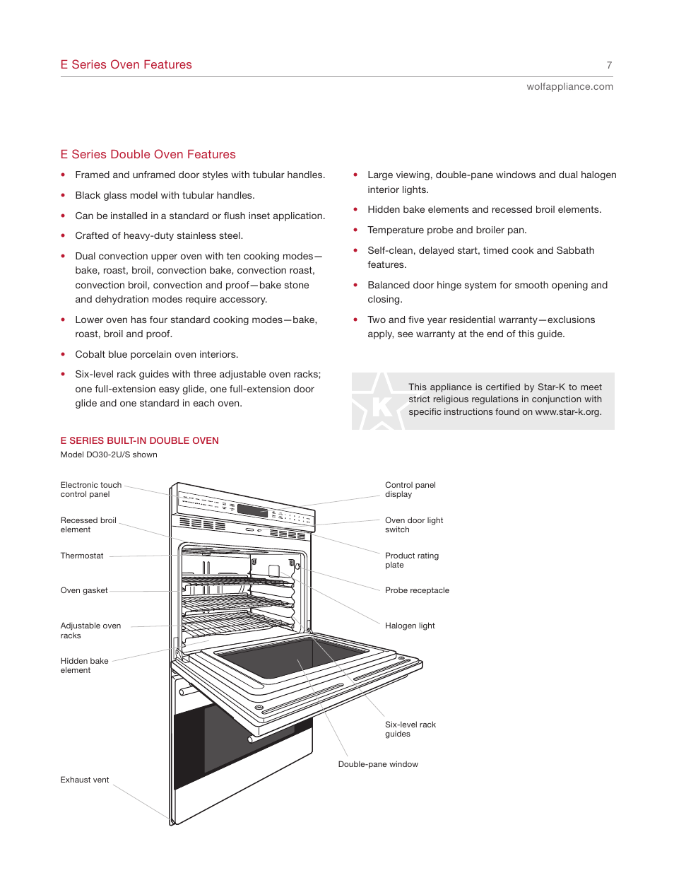 E series oven features, E series double oven features | Wolf E SERIES SO30-2U/S User Manual | Page 7 / 40