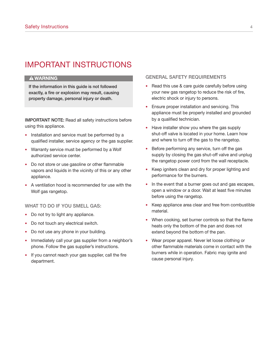 Important instructions | Wolf Range User Manual | Page 4 / 24