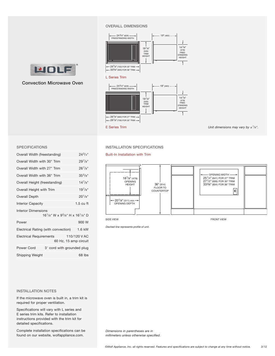 Convection microwave oven | Wolf MWC24 User Manual | Page 2 / 2