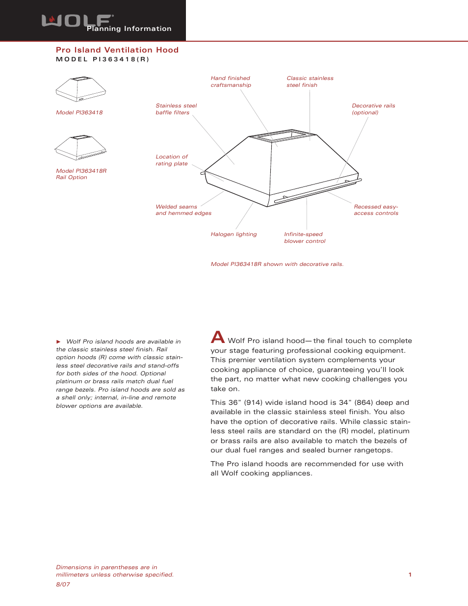 Wolf PI363418 User Manual | 8 pages