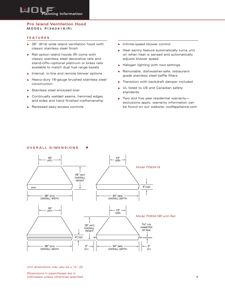 Pro island ventilation hood | Wolf PI363418 User Manual | Page 2 / 8