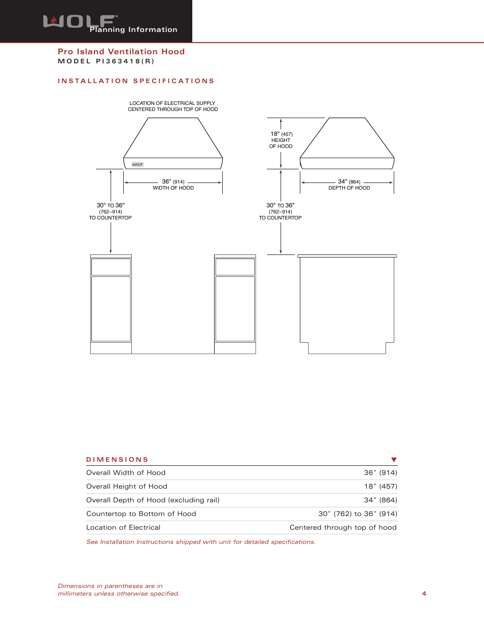 Pro island ventilation hood | Wolf PI363418 User Manual | Page 4 / 8