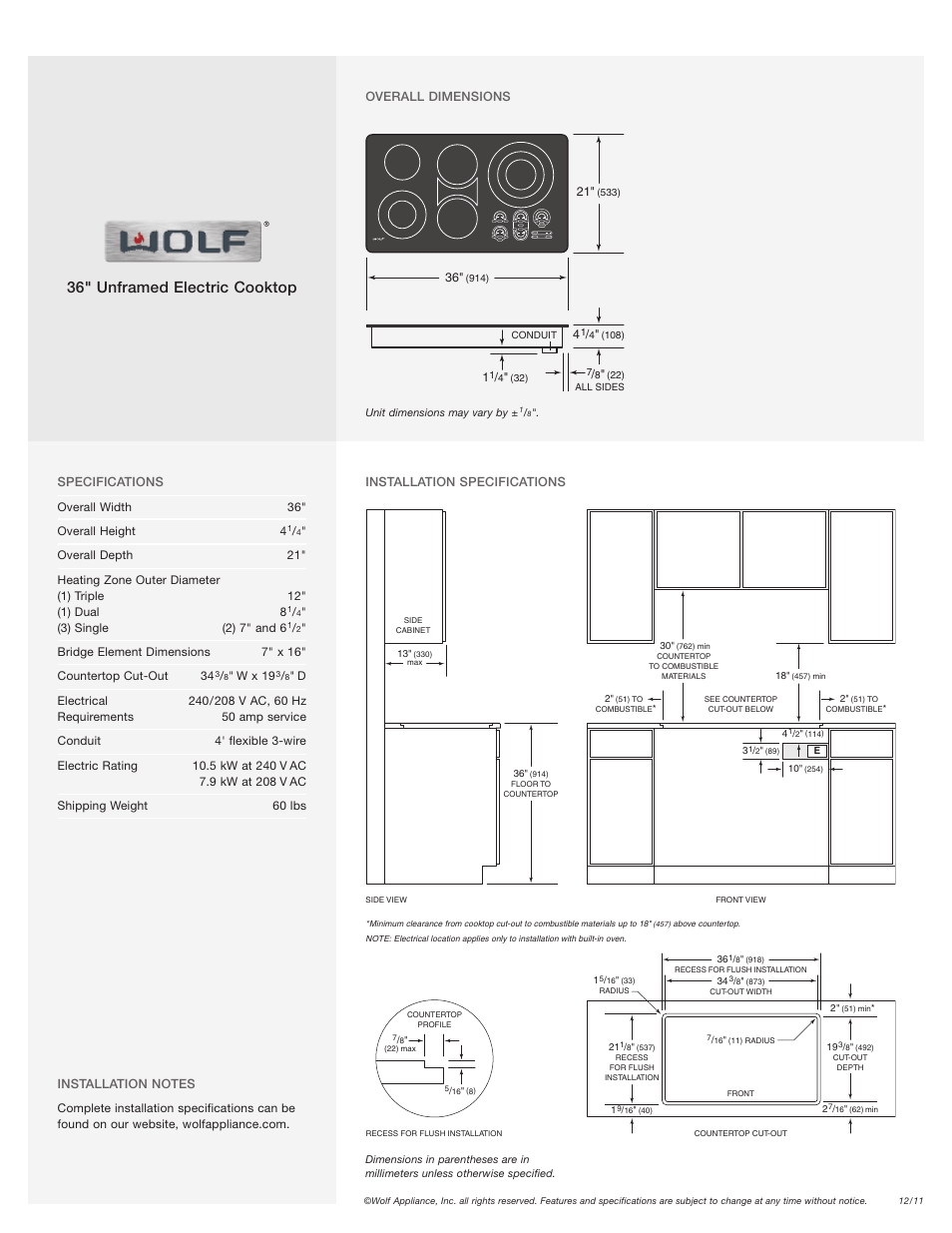 36" unframed electric cooktop | Wolf CT36EU User Manual | Page 2 / 2