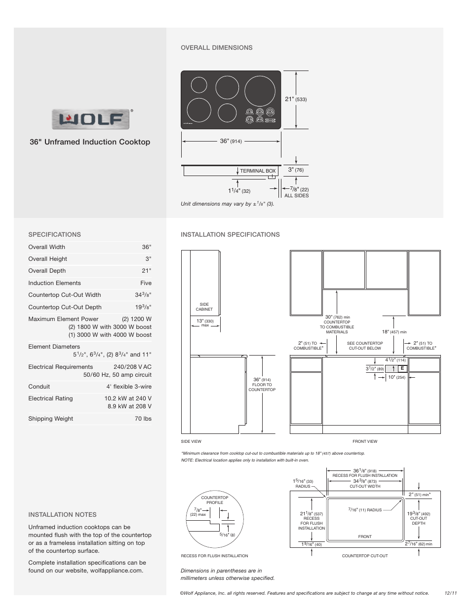 36" unframed induction cooktop | Wolf CT36IU User Manual | Page 2 / 2