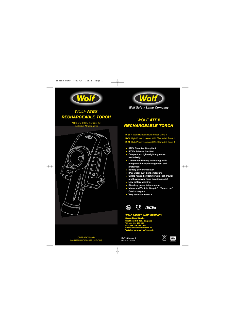 Wolf RECHARGEABLE TORCH R-510 User Manual | 15 pages