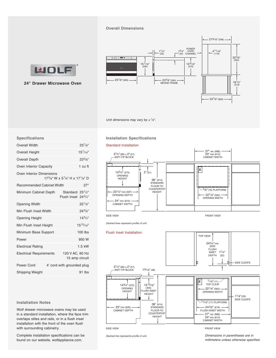 24" drawer microwave oven, Specifications, Installation specifications | Overall dimensions | Wolf MWD24-2U/S User Manual | Page 2 / 2