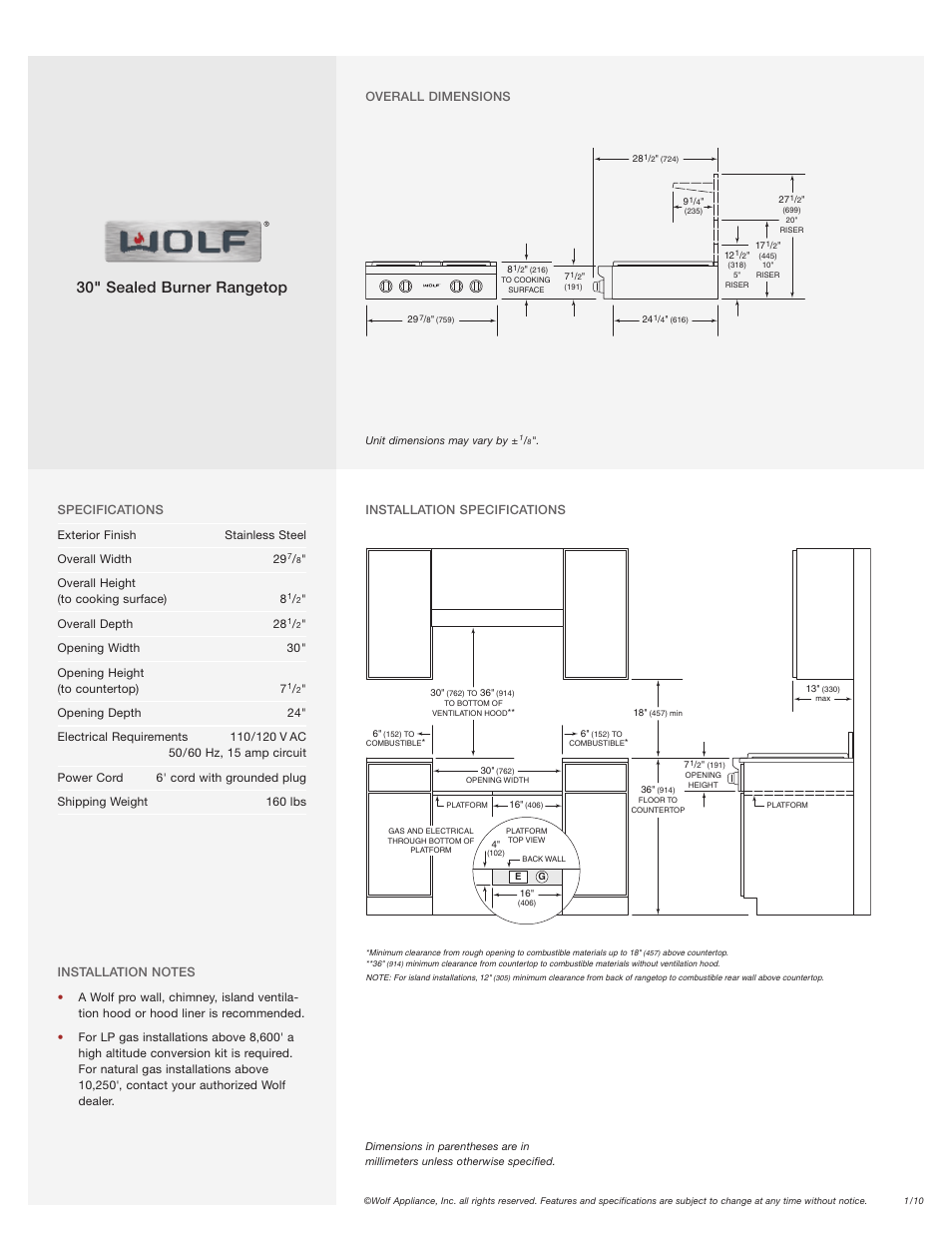 30" sealed burner rangetop | Wolf SRT304 User Manual | Page 2 / 2