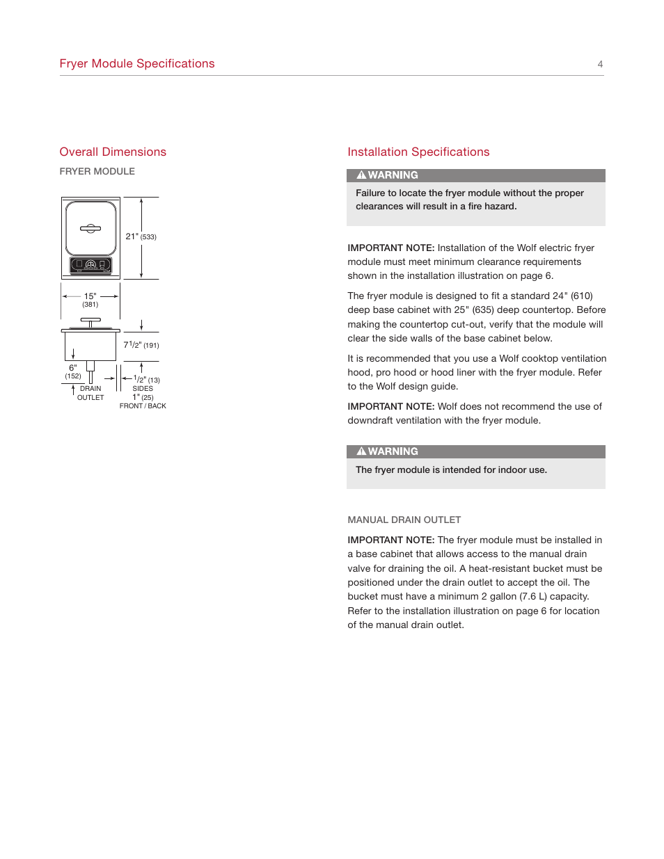 Fryer module specifications, Overall dimensions, Installation specifications | Wolf IF15/S User Manual | Page 4 / 12