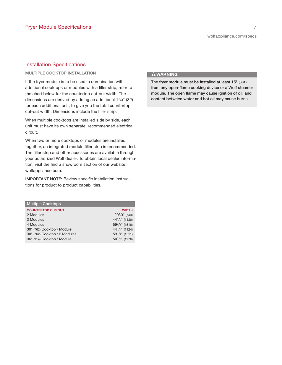 Fryer module specifications, Installation specifications | Wolf IF15/S User Manual | Page 7 / 12