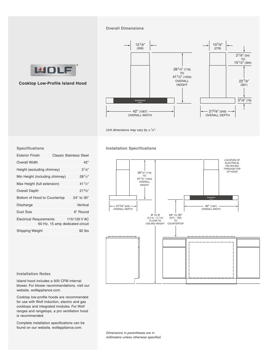 Cooktop low-profile island hood | Wolf CTEIH42I User Manual | Page 2 / 2