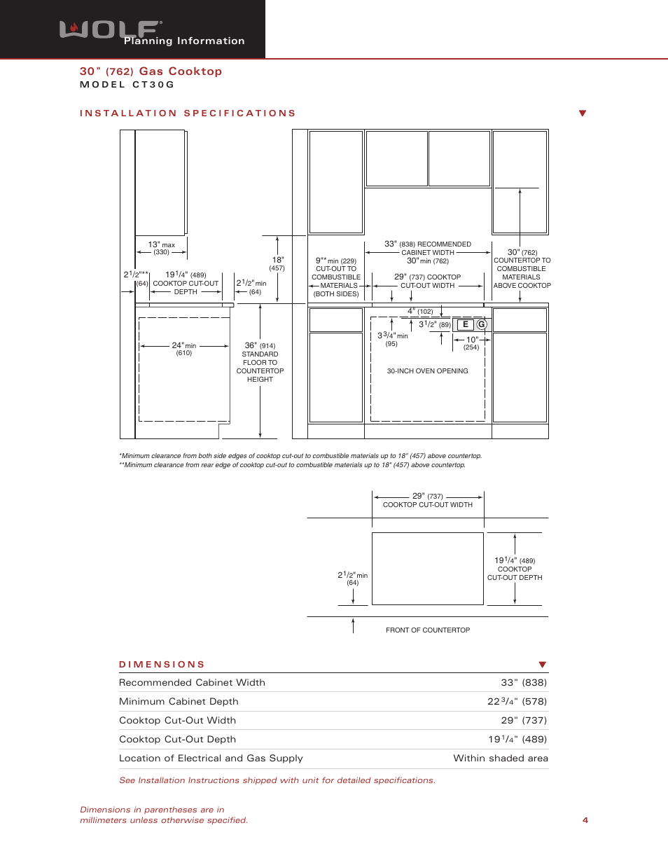 Gas cooktop, Planning information | Wolf CT30G User Manual | Page 4 / 7