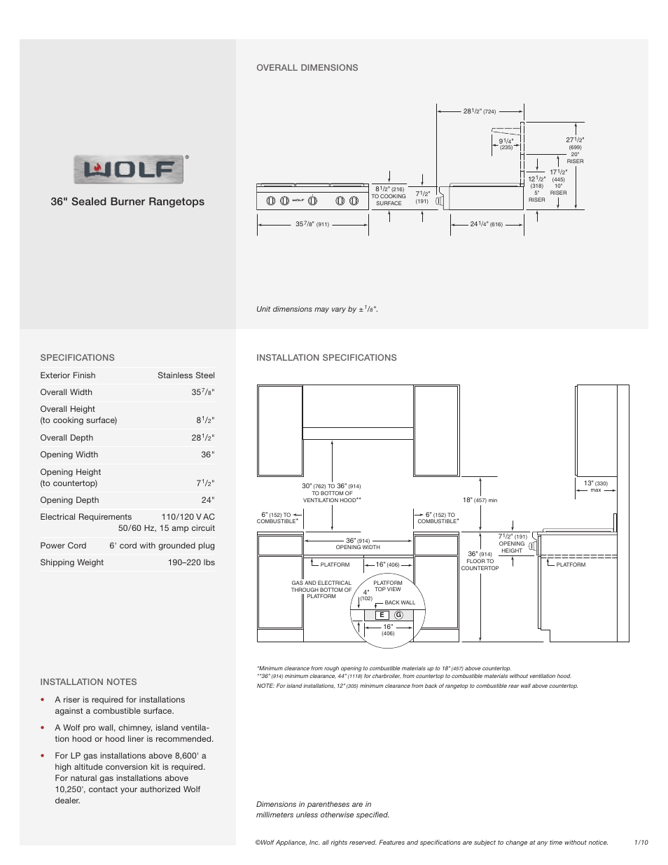 36" sealed burner rangetops | Wolf Burner Rangetop User Manual | Page 2 / 2