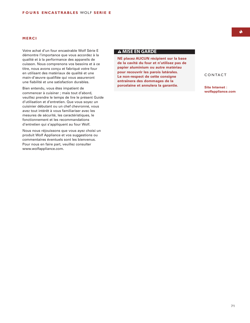 Mise en garde | Wolf ICBSO30-2F/S User Manual | Page 71 / 169