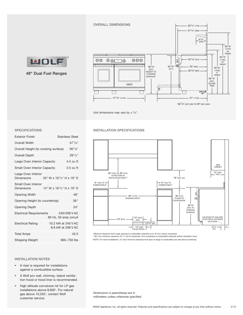 48" dual fuel ranges | Wolf 48 User Manual | Page 2 / 2