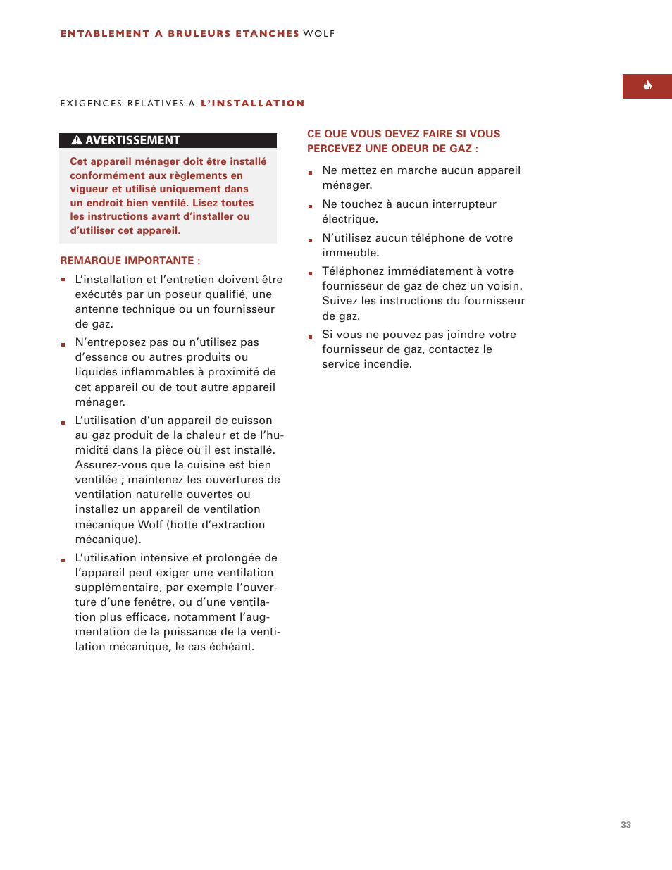 Avertissement | Wolf ICBSRT304 User Manual | Page 33 / 74