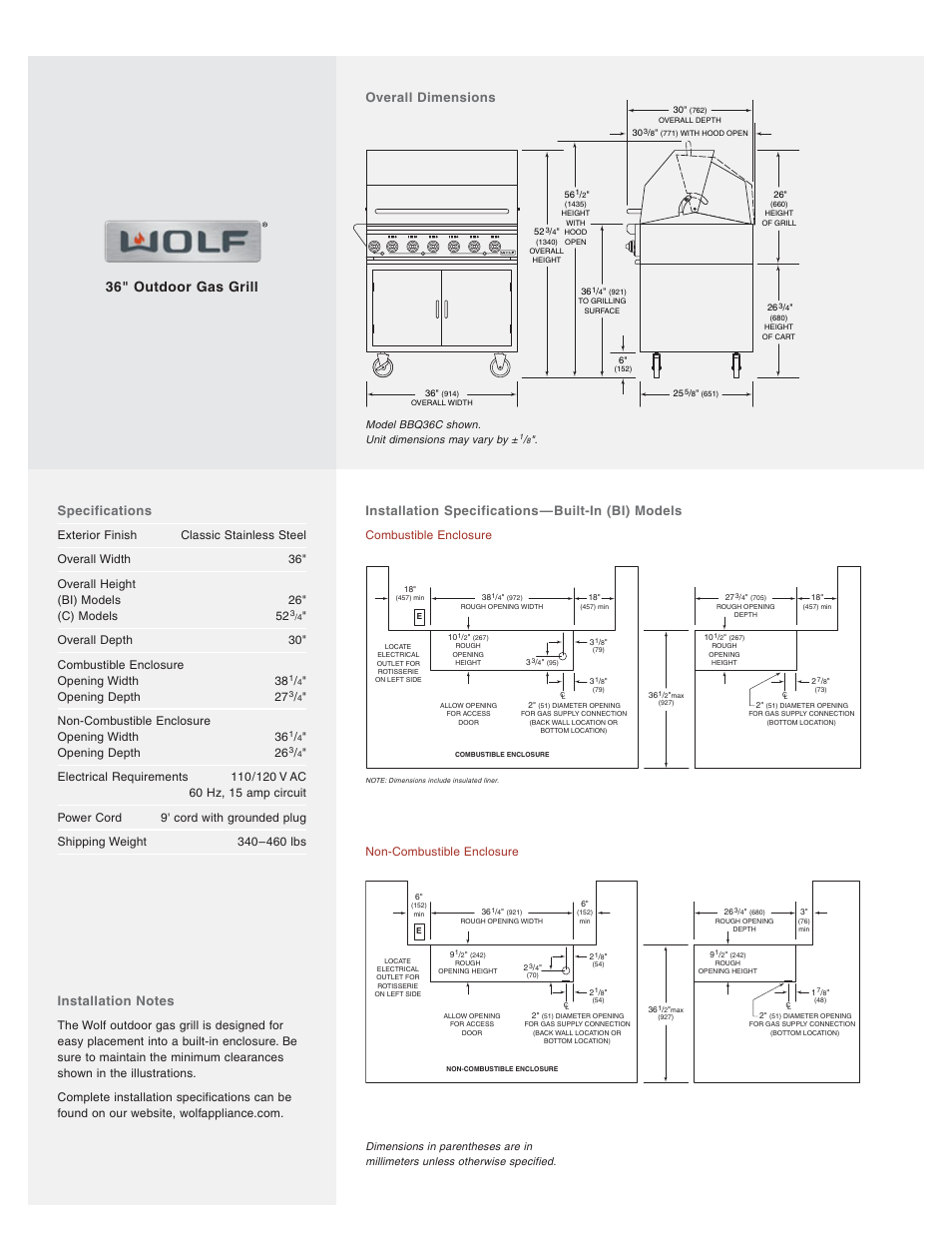 36" outdoor gas grill, Specifications, Installation specifications—built-in (bi) models | Overall dimensions, Opening depth 27, Non-combustible enclosure opening width 36, Opening depth 26, Combustible enclosure, Non-combustible enclosure | Wolf BBQ242BI User Manual | Page 2 / 2