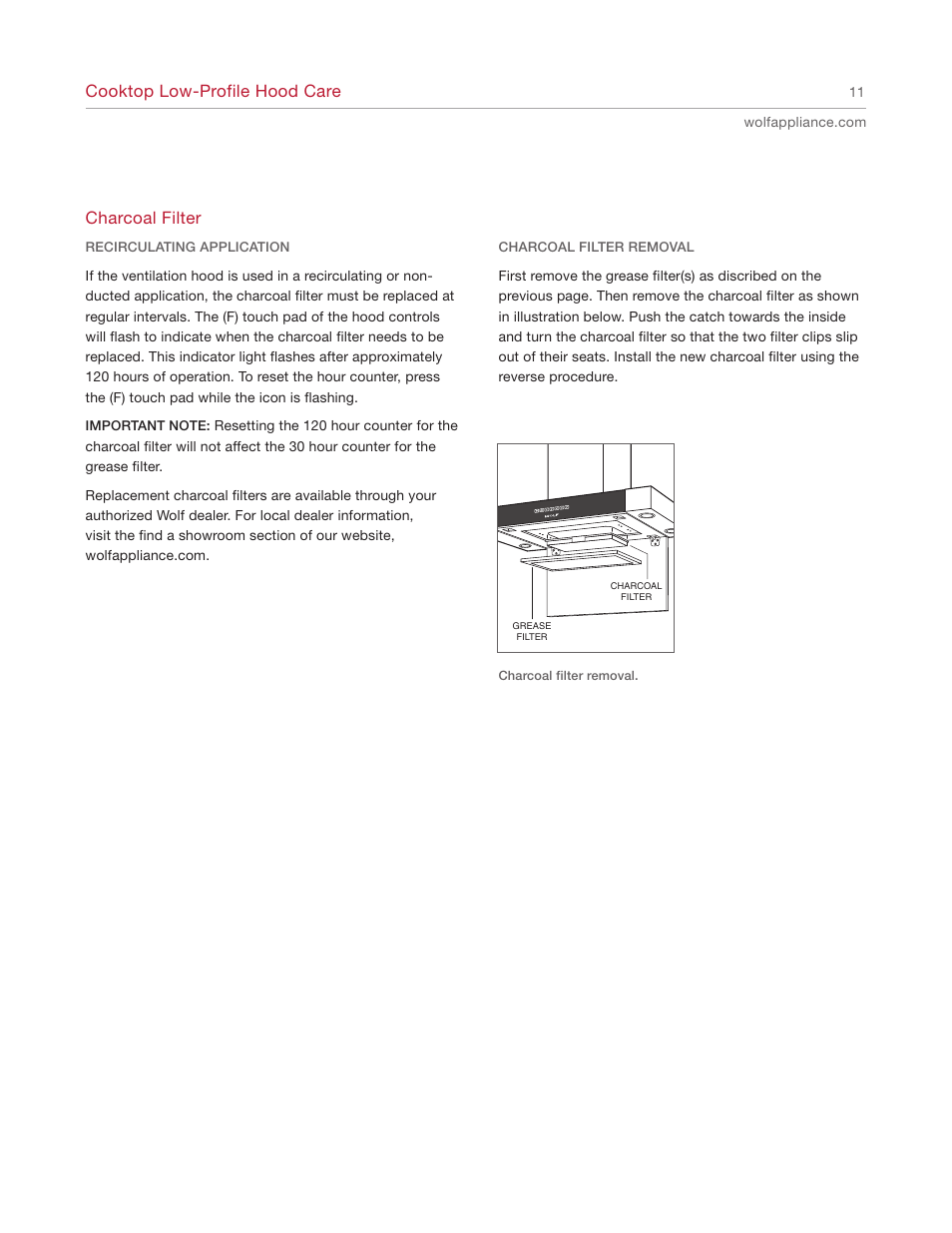 Cooktop low-profile hood care, Charcoal filter | Wolf CTEWH45 User Manual | Page 11 / 16