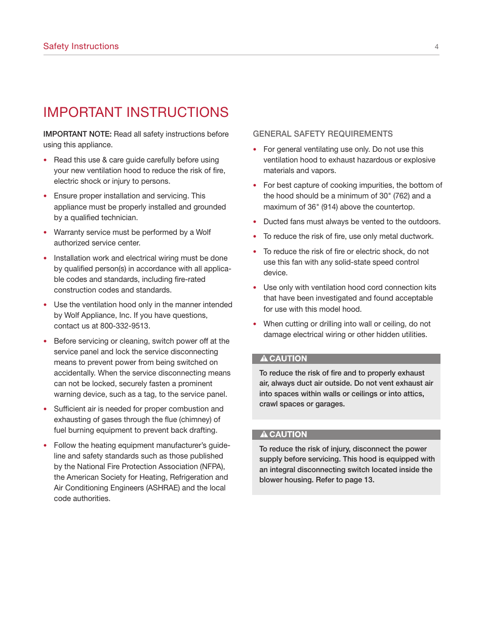 Important instructions | Wolf CTEWH45 User Manual | Page 4 / 16