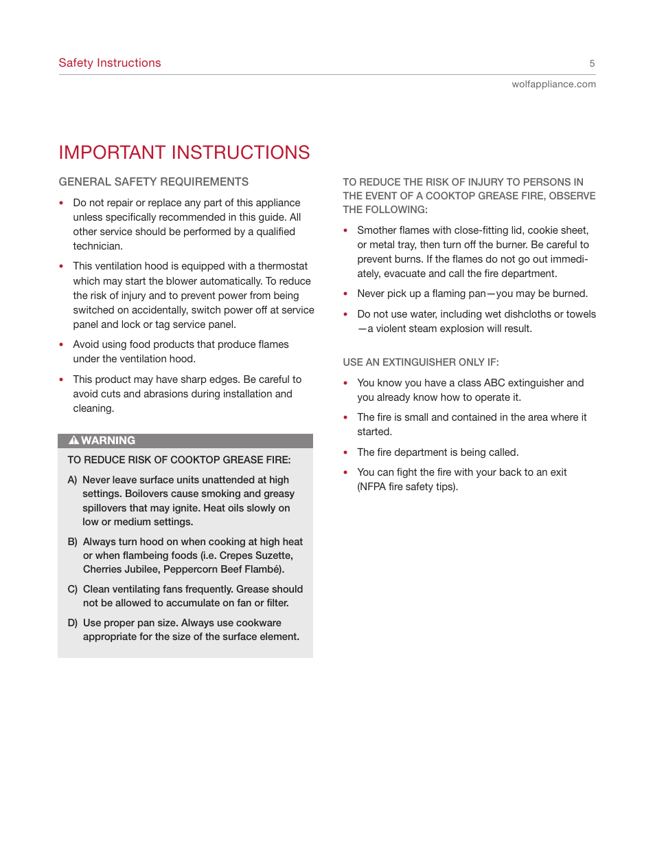 Important instructions | Wolf CTEWH45 User Manual | Page 5 / 16