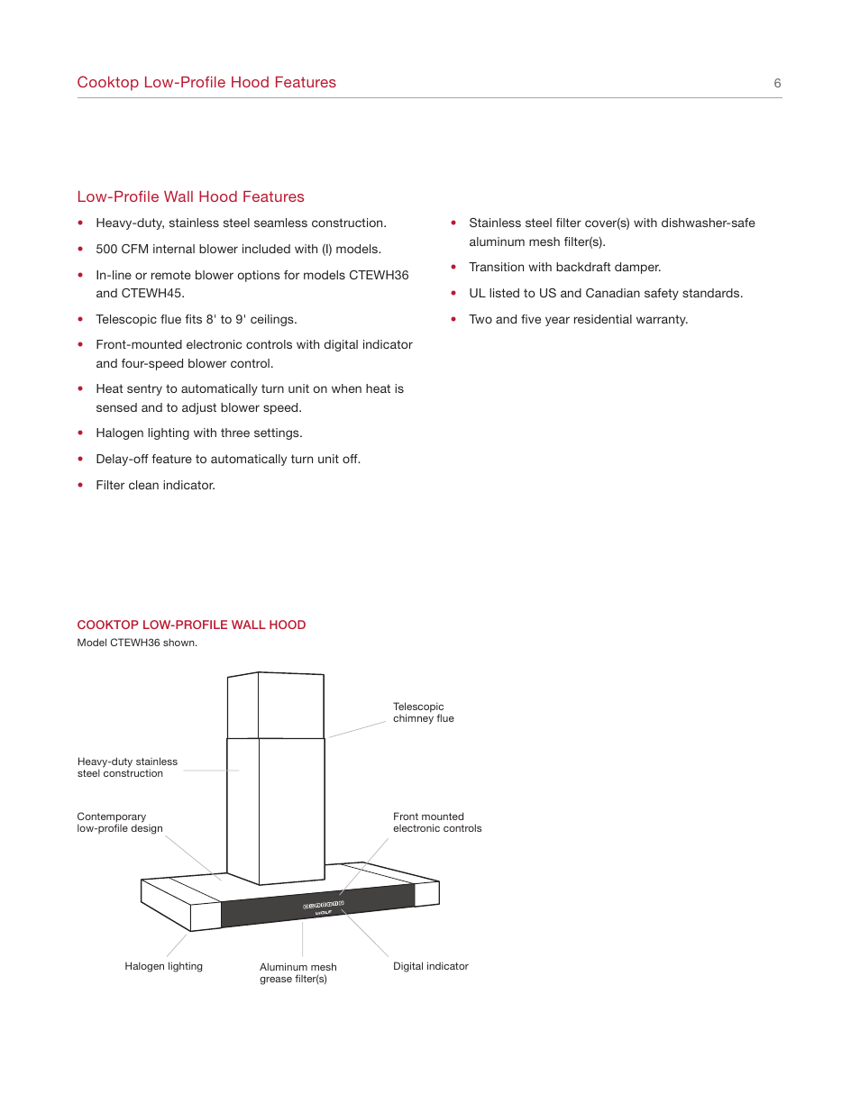 Cooktop low-profile hood features, Low-profile wall hood features | Wolf CTEWH45 User Manual | Page 6 / 16