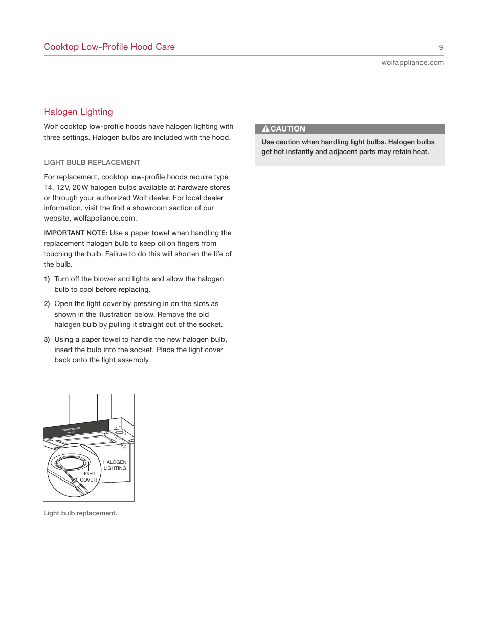 Cooktop low-profile hood care, Halogen lighting | Wolf CTEWH45 User Manual | Page 9 / 16