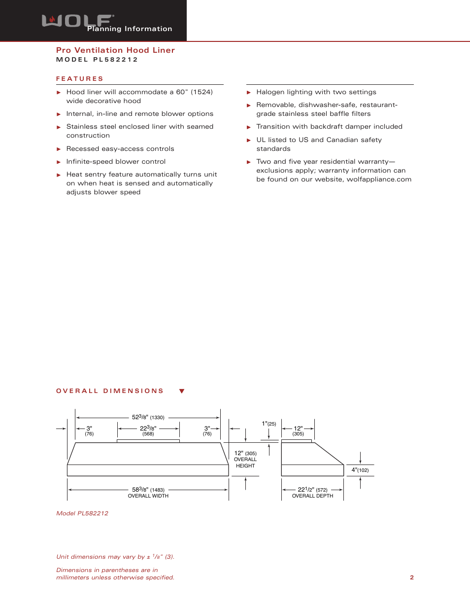 Pro ventilation hood liner | Wolf PL582212 User Manual | Page 2 / 8