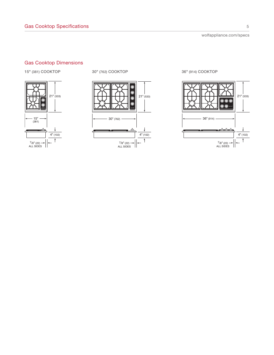 Gas cooktop specifications, Gas cooktop dimensions | Wolf REV-A 5/2010 814990 User Manual | Page 5 / 16