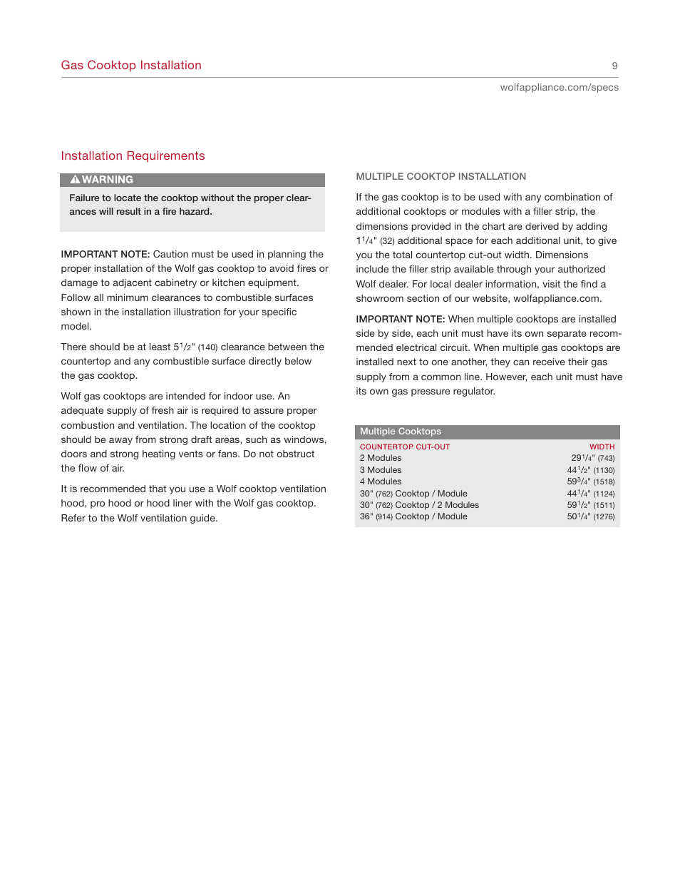 Gas cooktop installation, Installation requirements | Wolf REV-A 5/2010 814990 User Manual | Page 9 / 16