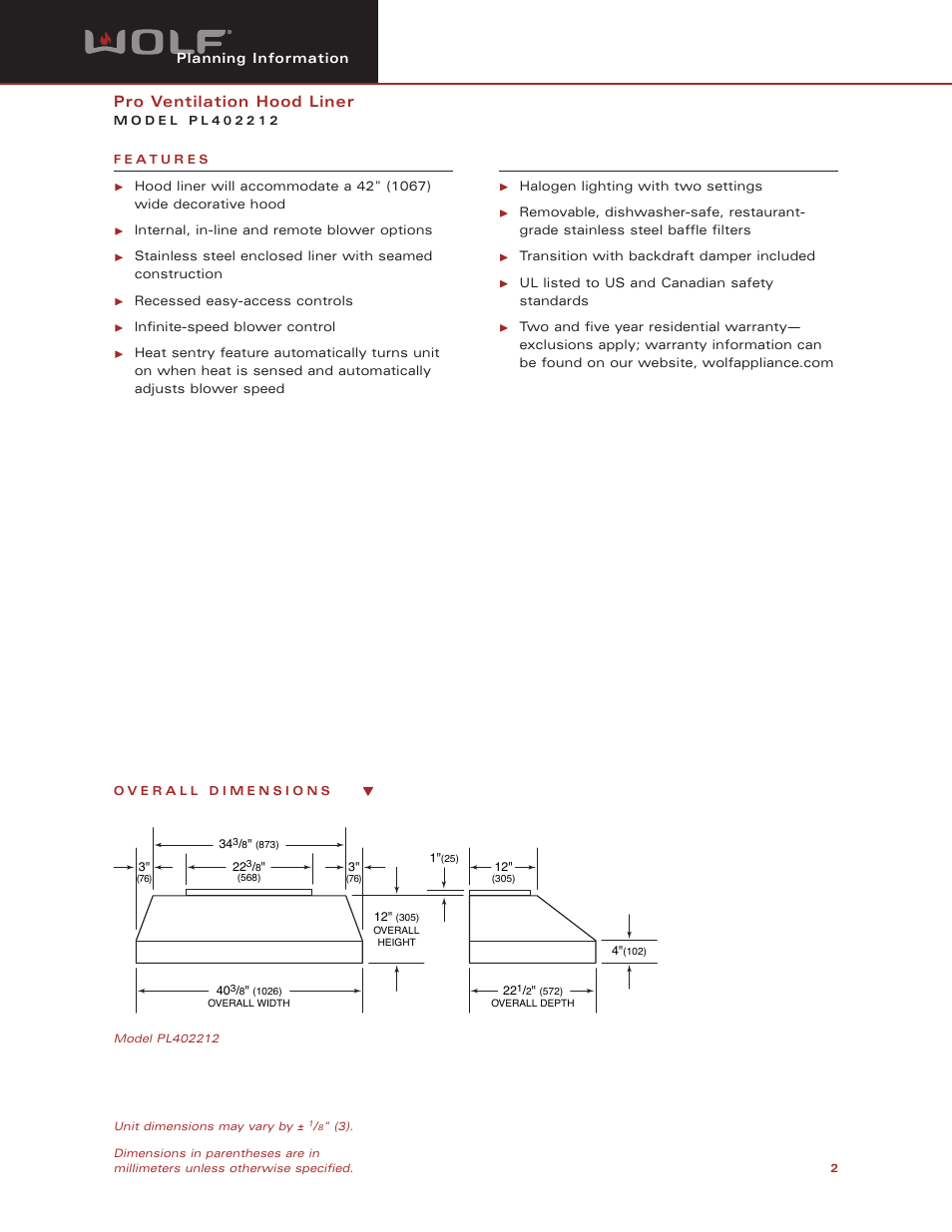 Pro ventilation hood liner | Wolf PL402212 User Manual | Page 2 / 8