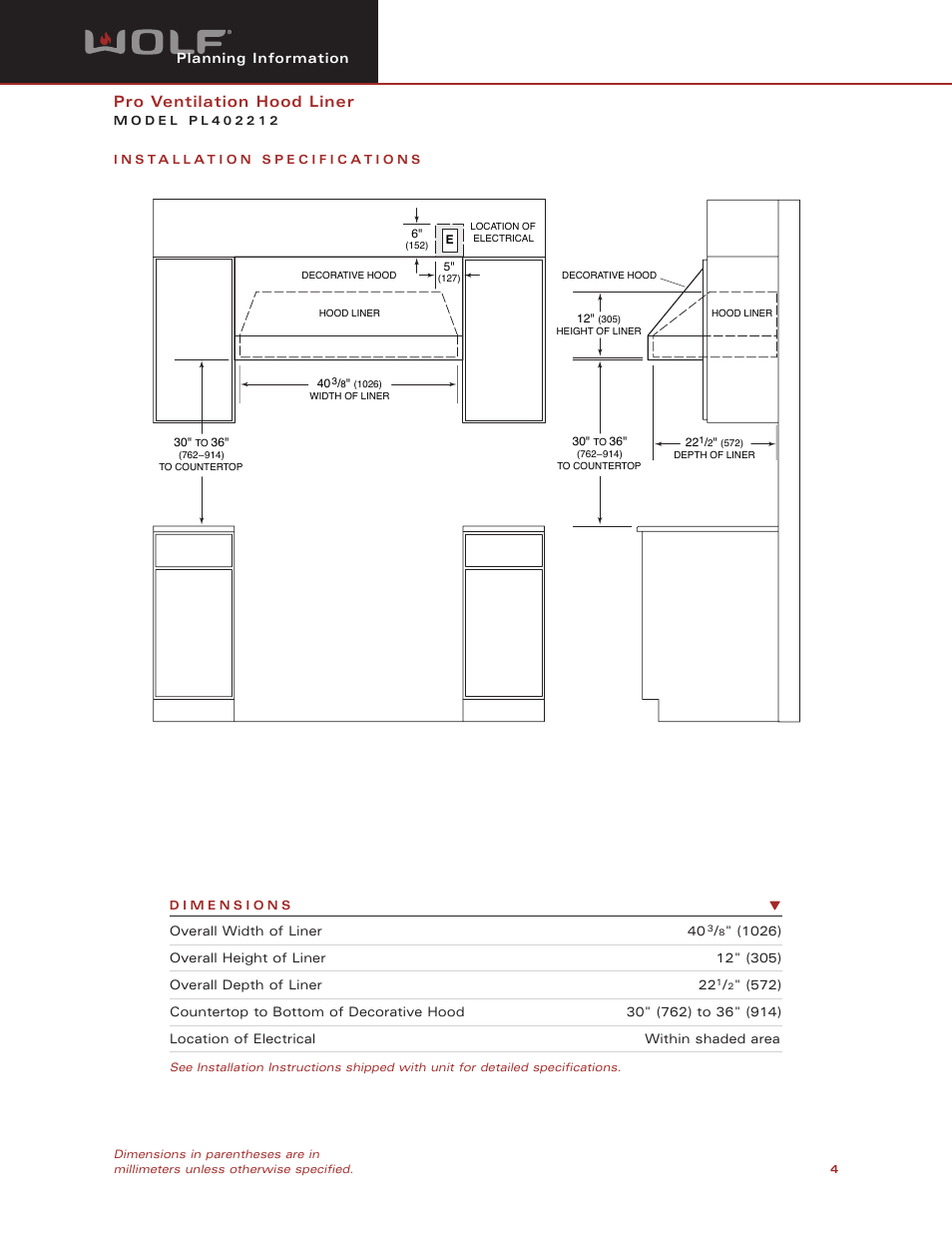 Pro ventilation hood liner | Wolf PL402212 User Manual | Page 4 / 8