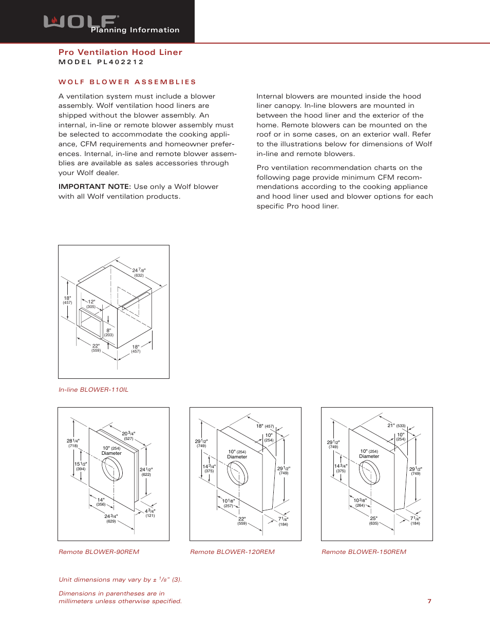 Pro ventilation hood liner, Planning information | Wolf PL402212 User Manual | Page 7 / 8