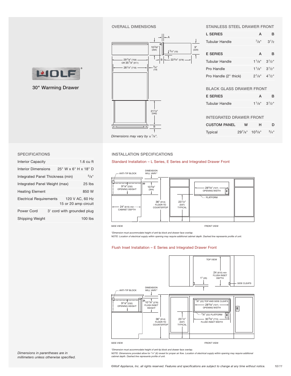 30" warming drawer | Wolf WWD30 User Manual | Page 2 / 2