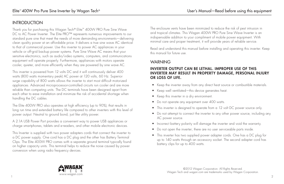 Introduction, Warning | Wagan DC to AC Pure Sine Inverter 2601 User Manual | Page 2 / 9