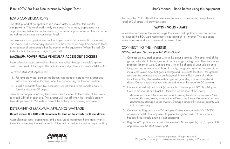 Wagan DC to AC Pure Sine Inverter 2601 User Manual | Page 4 / 9