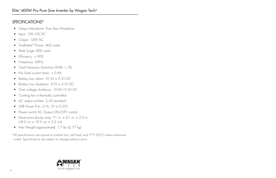 Specifications | Wagan DC to AC Pure Sine Inverter 2601 User Manual | Page 7 / 9