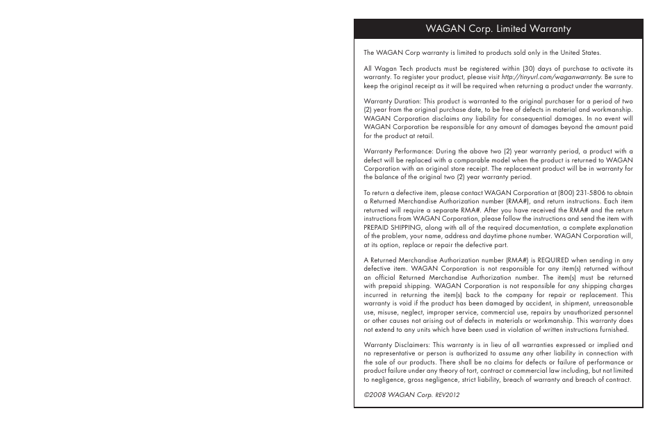Wagan corp. limited warranty | Wagan DC to AC Pure Sine Inverter 2601 User Manual | Page 8 / 9