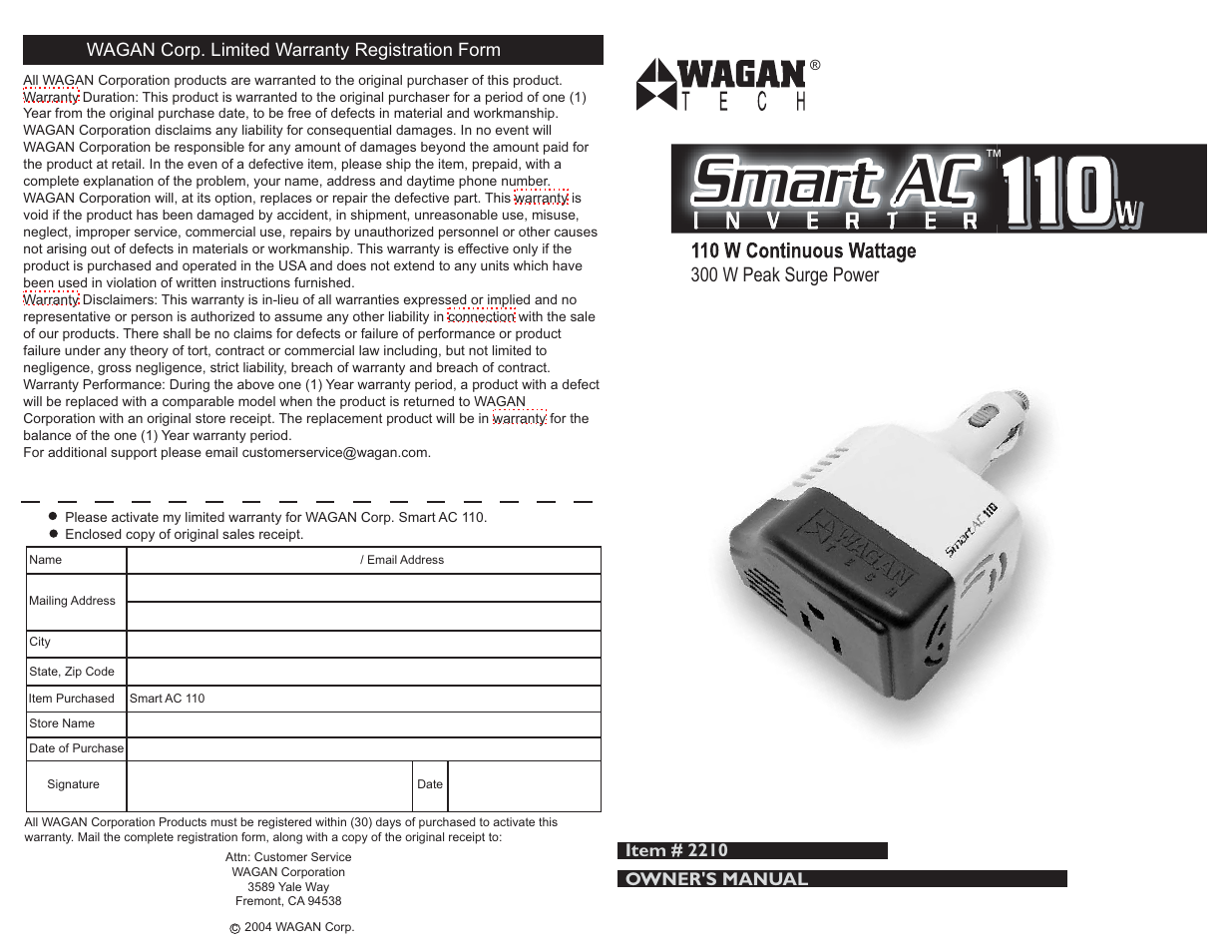 Wagan ACSMART 2210 User Manual | 2 pages