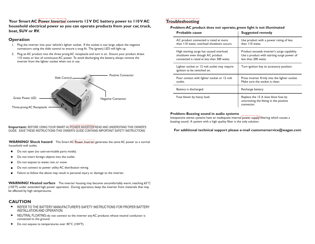 Caution, Operation, Troubleshooting | Wagan ACSMART 2210 User Manual | Page 2 / 2